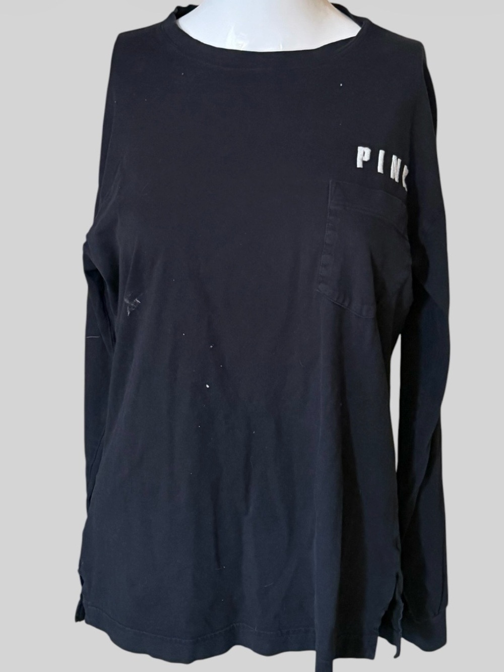 PINK Victoria's Secret Black Long-Sleeve Pocket Tee with White Logo